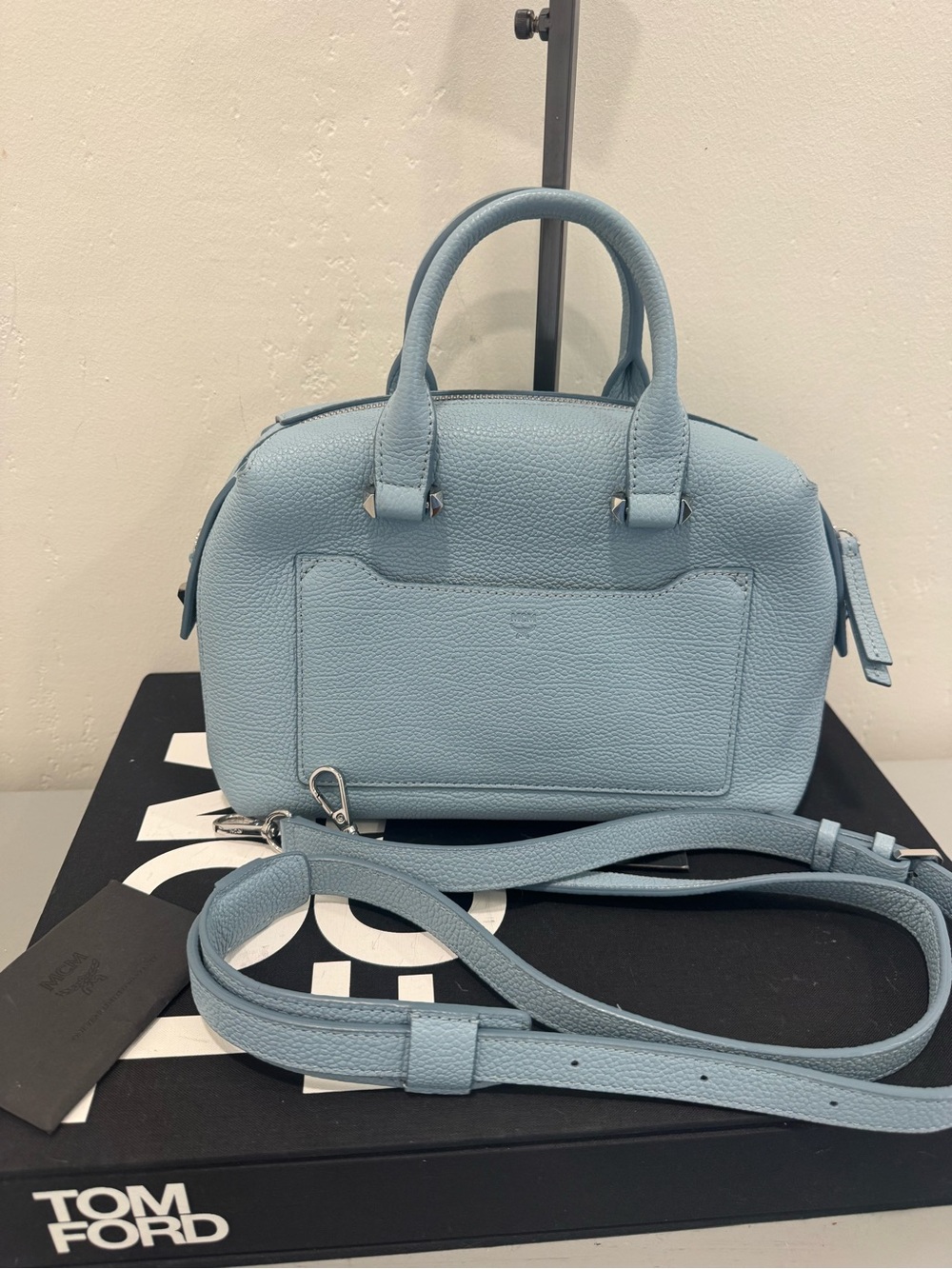 MCM Light Blue Pebbled Leather Satchel with Detachable Strap